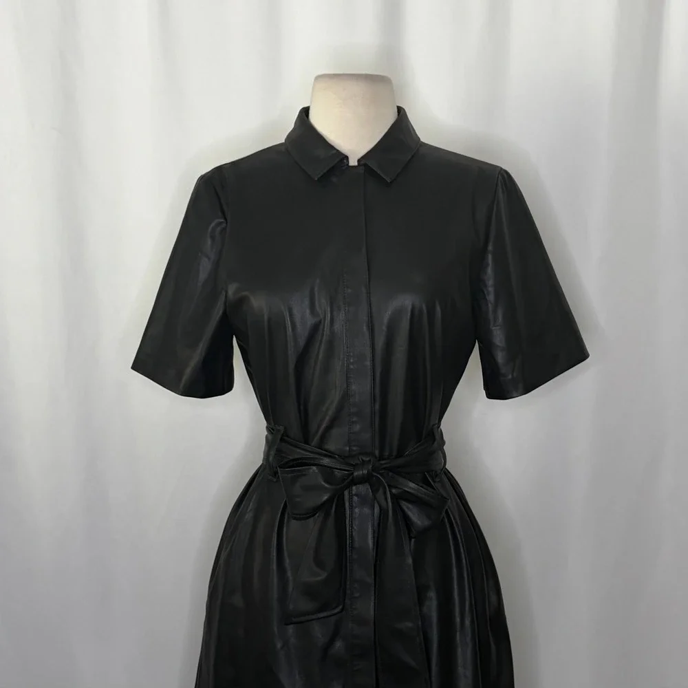 NWT!! J.‎ CREW Solid Black Button Front Faux Leather Dress Belted Vegan Small
